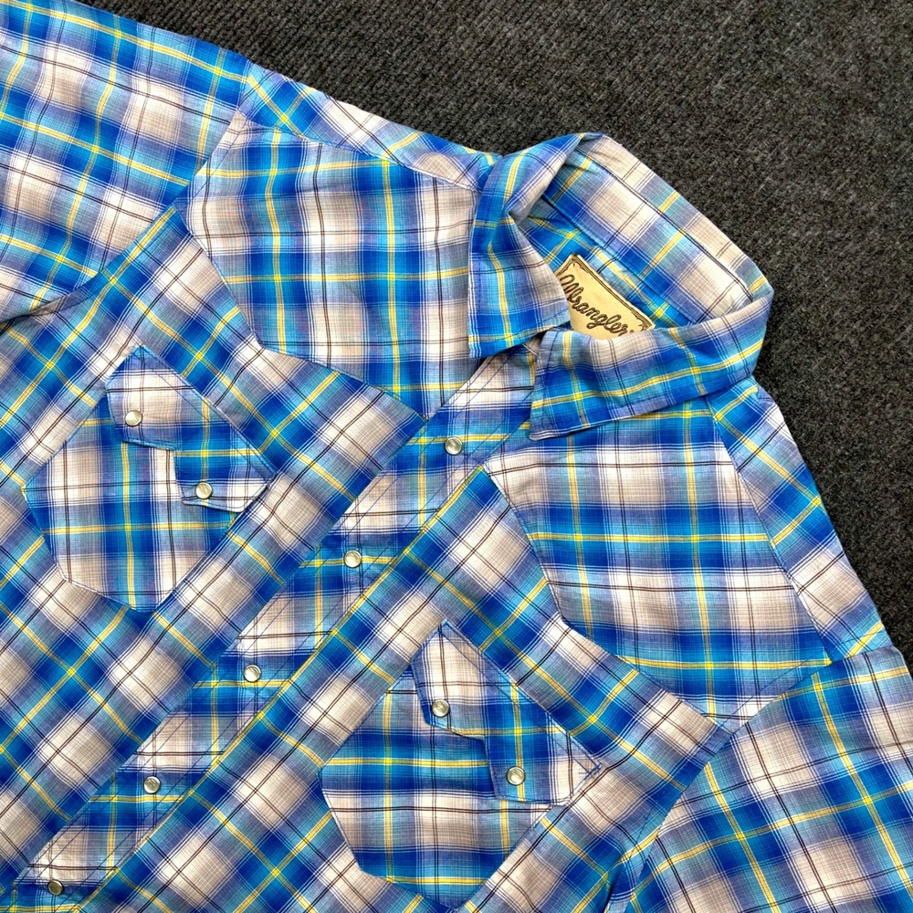 Wrangler Western Snap Shirt Large Blue Yellow Plaid Short Sleeve Cowboy Y2K